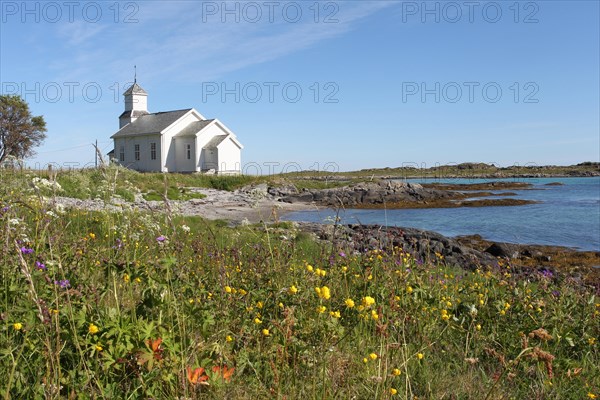 Lonely church on the beach near Leknes on the Lofoten Islands, Norway, Scandinavia, Europe