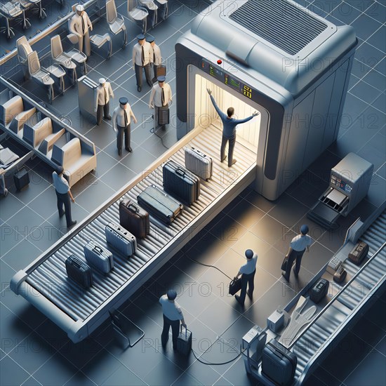 A man on a conveyor belt with suitcases is x-rayed at an airport security checkpoint, AI generated, AI generated