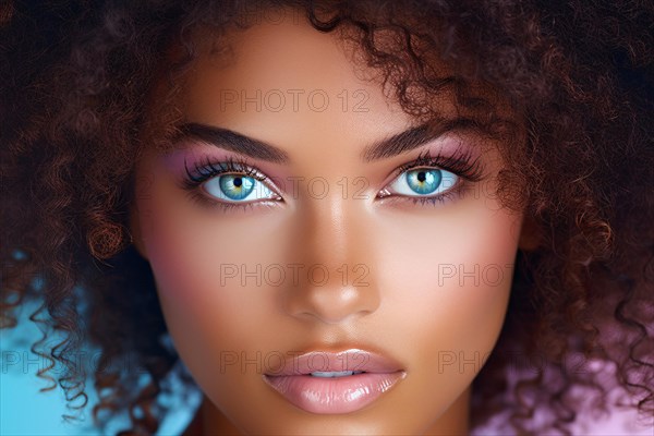 Portrait of beautiful young black african american woman with unusual blue eyes and pink makeup. KI generiert, generiert, AI generated