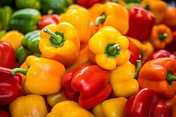 Heap of colorful bell peppers at market. KI generiert, generiert, AI generated