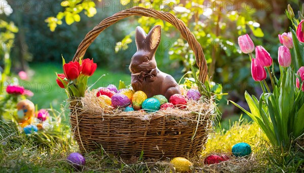 Chocolate Easter bunny in a basket with colourful Easter eggs surrounded by tulips in a sunny garden, symbol of Easter, AI generated, AI generated