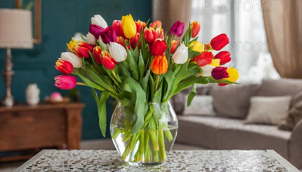 A large bouquet of colourful tulips in a vase in the flat, spring, AI generated, AI generated