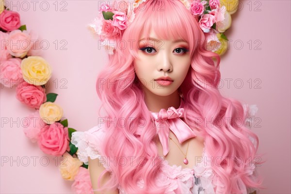 Portrait of Asian woman with long pink hair and cute fashion with lace and flowers. KI generiert, generiert, AI generated