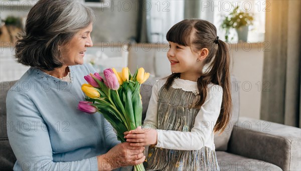 A grandmother receives a colourful bouquet of tulips from her granddaughter, AI generated, AI generated