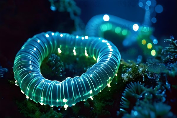 Bristle worms bioluminescent bodies floating in deep ocean, AI generated, deep sea, fish, squid, bioluminescent, glowing, light, water, ocean