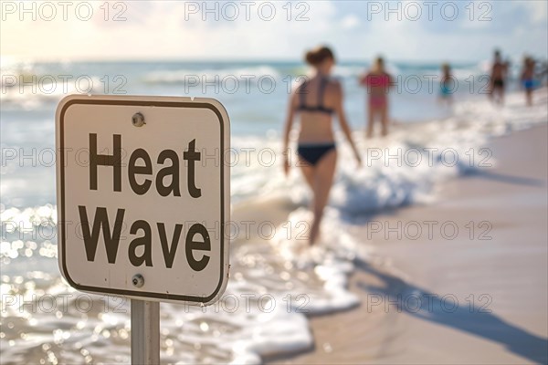 Sign with text 'Heat wave' in front of blurry sunny beach with people. KI generiert, generiert, AI generated