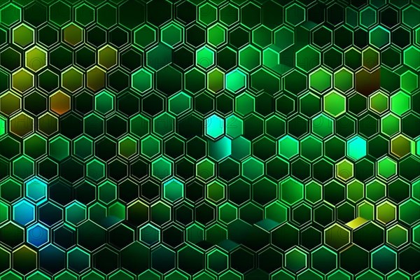 Abstract green hexagonal pattern with gradient and bright spots, AI generated