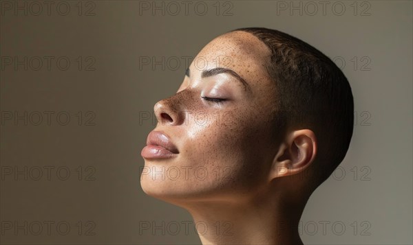 Elegant woman with short hair and freckles in soft lighting appearing contemplative AI generated