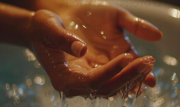 Hands gently cup water droplets, with soft reflections and a sense of motion AI generated