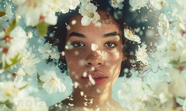 Peaceful woman in a digital artwork, appears to be floating underwater with flowers and bubbles AI generated