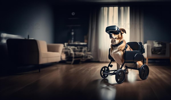 Dog in a wheelchair, pet rehabilitation in technological virtual reality glasses, blind dog, AI generated