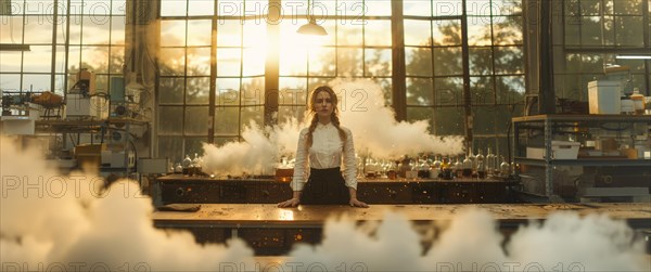 A woman awaits results surrounded by steaming glassware in a lab at sunset, AI generated