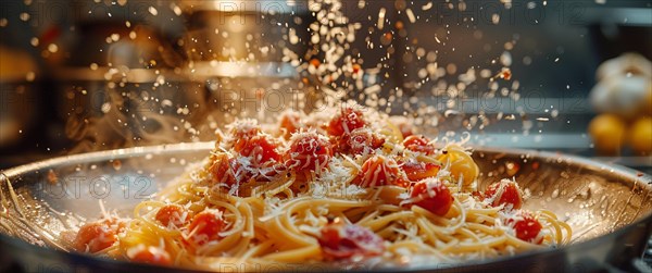 Warmly lit scene of pasta with tomatoes as parmesan cheese is dynamically grated over it, AI generated