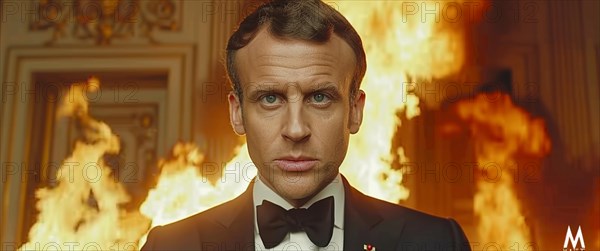 Charismatic french man in formal wear with a stern look amidst a backdrop of fire, AI generated