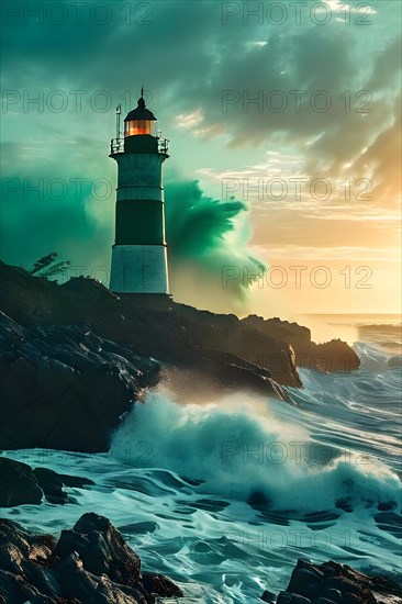 Lighthouse nestled against a vast ocean with waves rhythmically crashed onto the rocky shoreline, AI generated