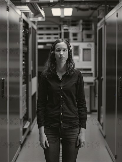 Serious female technician in a black and white shot standing in a server room of a data center, AI generated