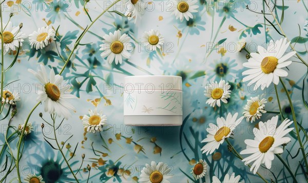 Cosmetic jar blank mockup placed on a serene watercolor chamomile background AI generated