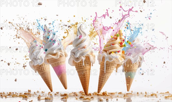 Ice cream cone explosion on white background AI generated