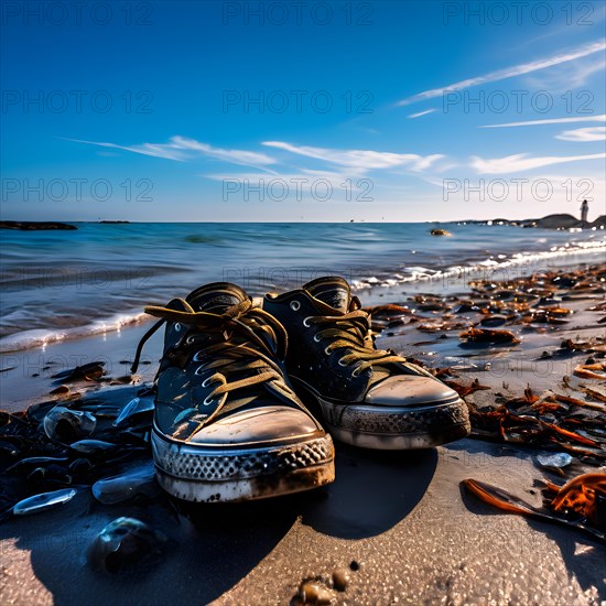 Pair of empty shoes on the shore of a beach marred by plastic waste symbolizing human influence, AI generated