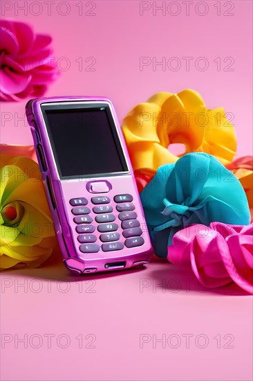 Flip phone brightly colored scrunchies and a mix tape arranged on a pastel background, AI generated