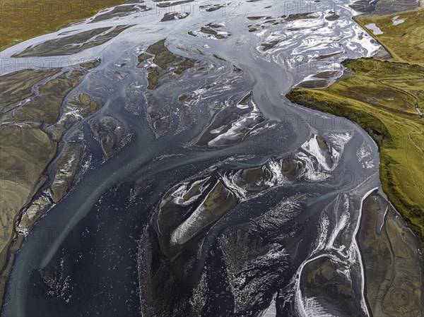 Overgrown river landscape, Eldhraun, near Kirkjubaejarklaustur, drone image, Sudurland, Iceland, Europe