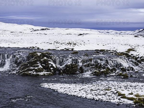 Small waterfall, onset of winter, Fjallabak Nature Reserve, drone shot, Sudurland, Iceland, Europe