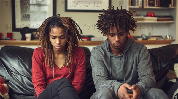 Upset young african american couple sitting together on a couch, looking troubled and comforting at home, AI generated