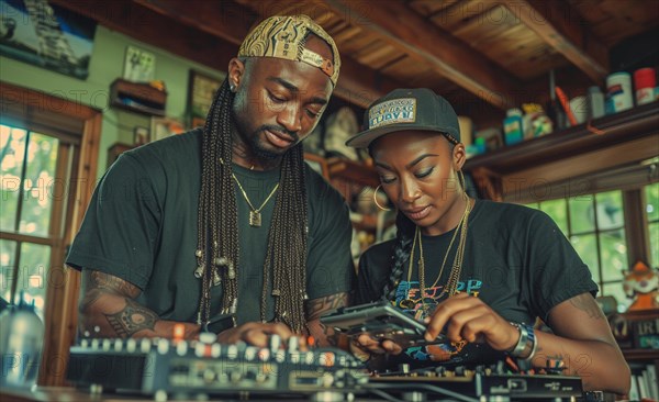 Two black DJs in cultural attire working on music mixing with a turntable and other equipment in home studio, AI generated