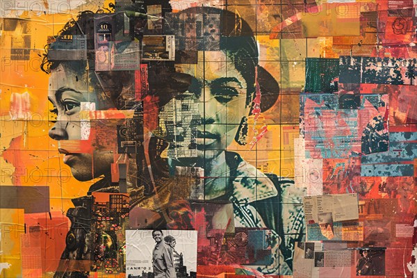 A textured urban collage blending faces with vintage and abstract elements, illustration, AI generated