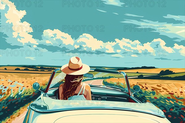 Woman driving a convertible through the countryside on a sunny day, illustration, AI generated