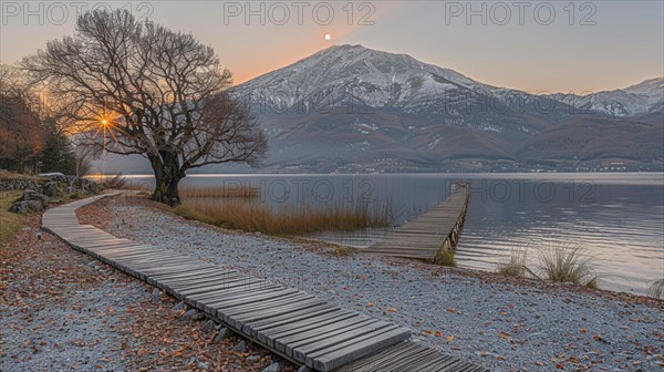 A serene winter sunset by a lake with a jetty and mountains in the background, image depicting relaxation, recreation, serenity, naturalness, meditation, enjoyment concepts, AI generated