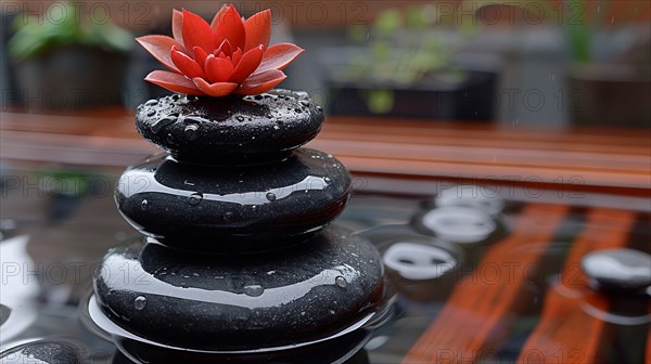 Black zen stones with a red flower on top and water drops, conveying a sense of calm, image depicting relaxation, recreation, serenity, naturalness, meditation, enjoyment concepts, AI generated