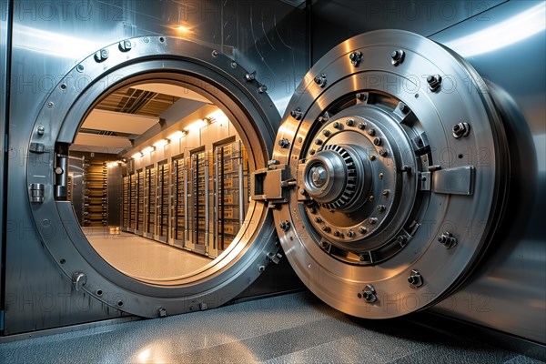 Open bank vault door, revealing a room filled with safety deposit boxes in safe depositary. The metallic and sturdy design of the door highlights security and protection, AI generated