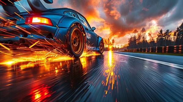 A performance car emitting sparks on a night track showcases speed and power, low ultra wide angle, AI generated