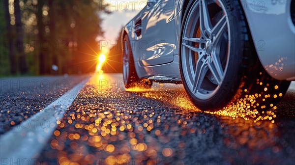 Close-up of sports car headlight reflecting the sunset on an evening road, low ultra wide angle, AI generated