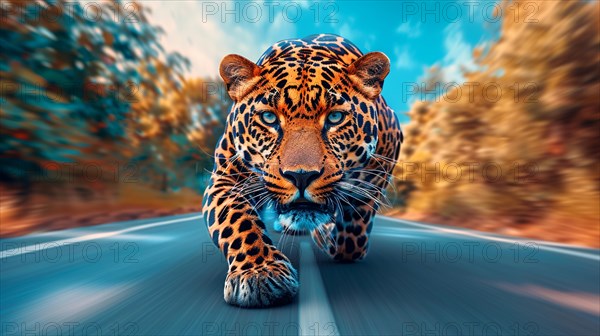 Close-up of a leopard in motion with an intense gaze and a blurred background simulating speed, AI generated