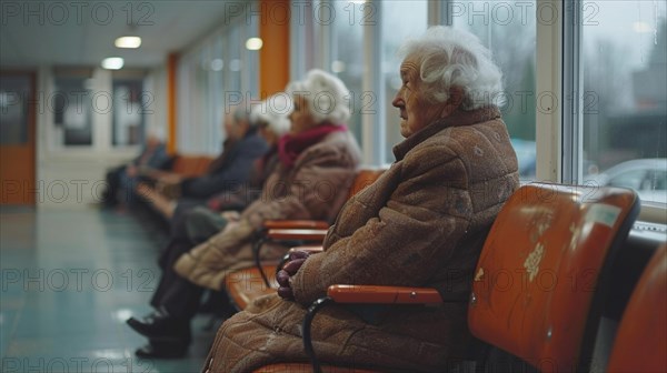 Elderly people sitting in a row in a waiting room with a dreary atmosphere in a public hospital of third world country, AI generated