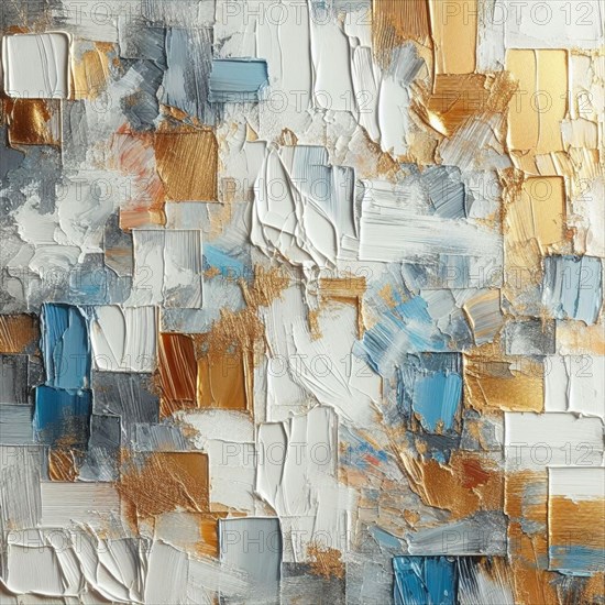Cool-toned abstract painting with impasto texture, showcasing a mix of blue, orange, and white, AI generated