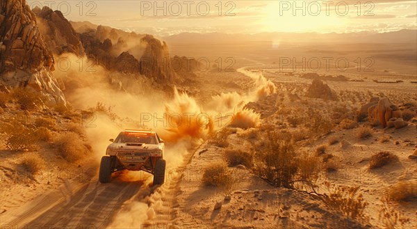 A rally car speeds through the desert, kicking up clouds of dust in golden sunset light, AI generated