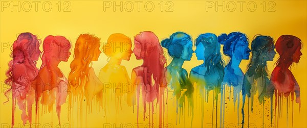 Profiles of female figures with a paint dripping effect creating a color gradient from yellow to blue, banner 3:1 wide style, horizontal aspect ratio, AI generated