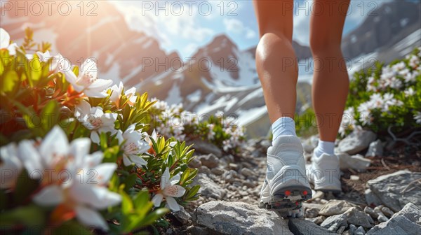 Hiker ascending a mountain path lined with white flowers, showcasing an energetic outdoor activity, AI generated