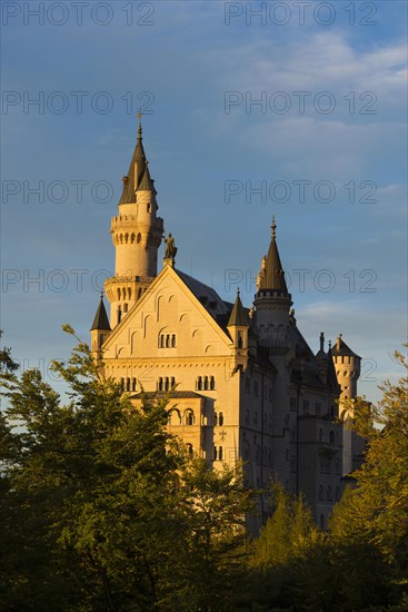 Neuschwanstein Castle, sunset, near Fuessen, Ostallgaeu, Allgaeu, Bavaria, Germany, Europe