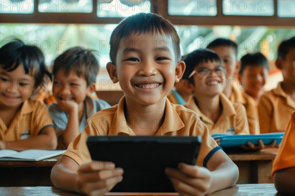 Preschool boy sitting in the classroom with a digital tablet and looking smiling into the camera, symbolic image, digital teaching, learning environment, media competence, eLearning, media education, AI generated, AI generated, AI generated