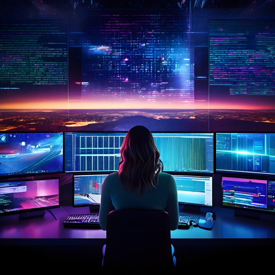 Multiple screens each buzzing with vibrant jewel tones of coding scripts, AI generated