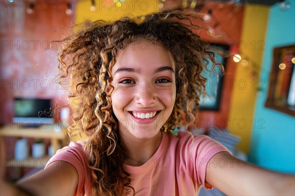 Young teenage girl taking selfie in her colorful room. KI generiert, generiert, AI generated