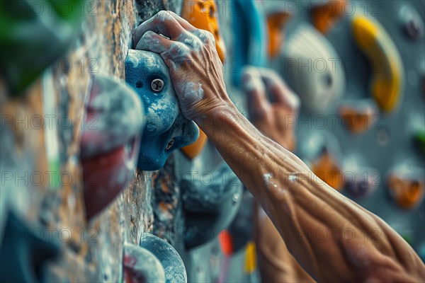 Close up of hand with chalk grabbing grip on artificial rock wall. KI generiert, generiert, AI generated