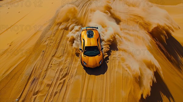 An orange car speeding through desert sand dunes, creating a massive dust trail, action sports photography, AI generated