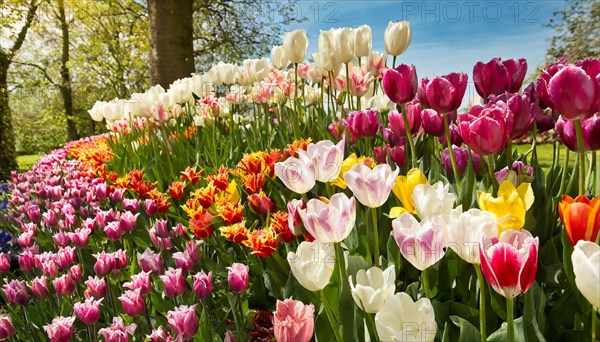 View of different coloured tulips in a sunny garden, spring, AI generated, AI generated