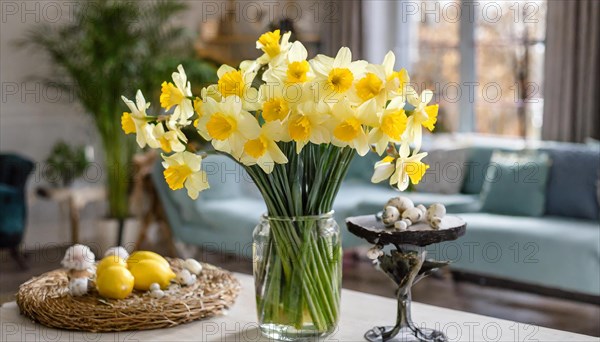 A large bouquet of yellow daffodils in a vase stands on the table in the flat, AI generated, AI generated
