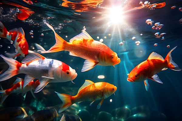 Brightly colored koi fish congregation underwater scene elegantly gliding in a peaceful atmosphere, AI generated, deep sea, fish, squid, bioluminescent, glowing, light, water, ocean